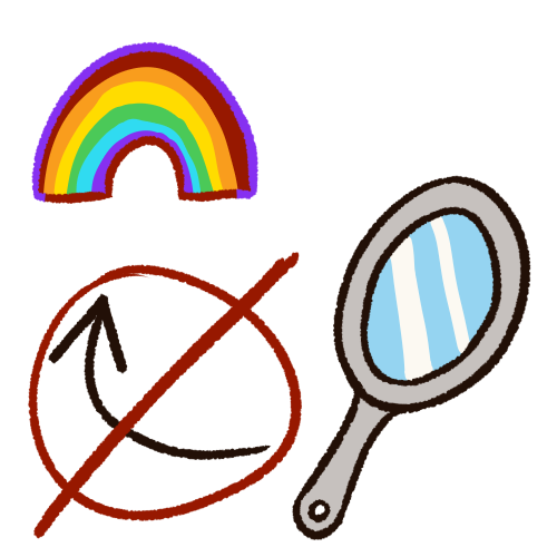  A drawing of a rainbow in the top left corner and a gray hand mirror in the bottom right. There is a crossed-out arrow in the bottom left pointing from the mirror to the rainbow.
